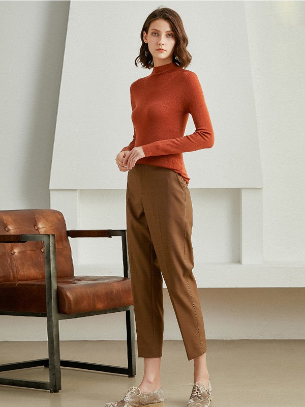 丽莫女装2020秋冬季橙色纯色针织衫