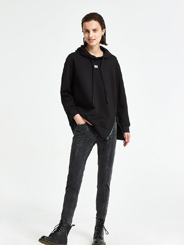 OTT女装2020秋冬季黑色连帽卫衣