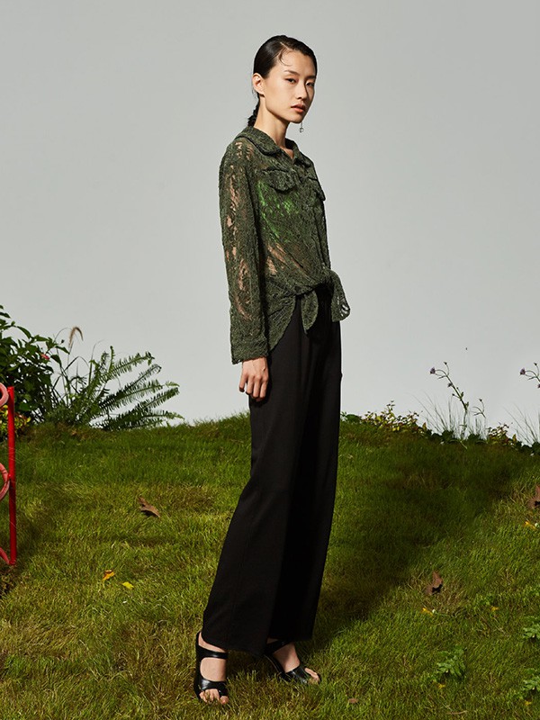 OTT女装2020秋冬季墨绿色镂空衬衫