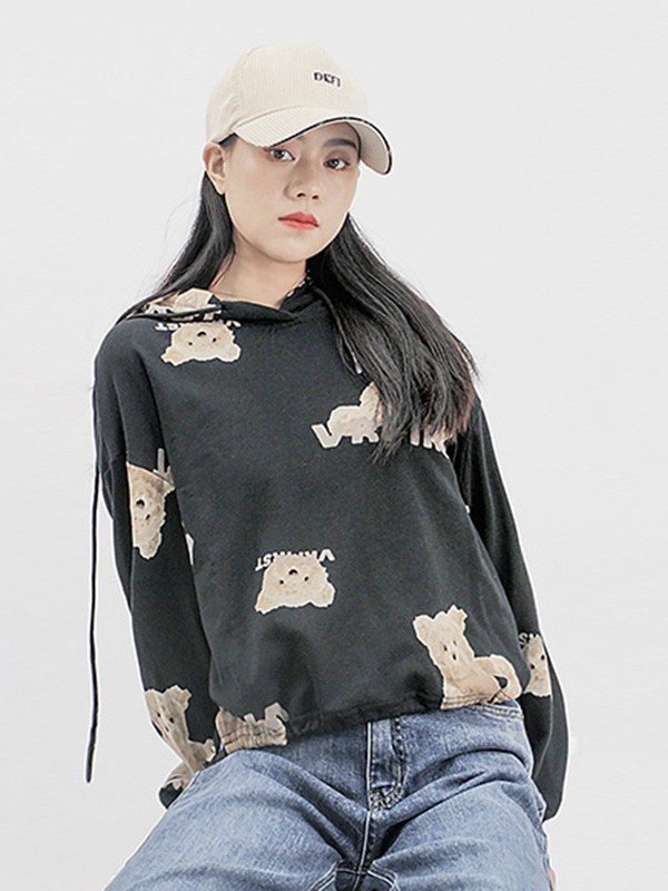 UZZU女装2020秋冬季黑色印花卫衣