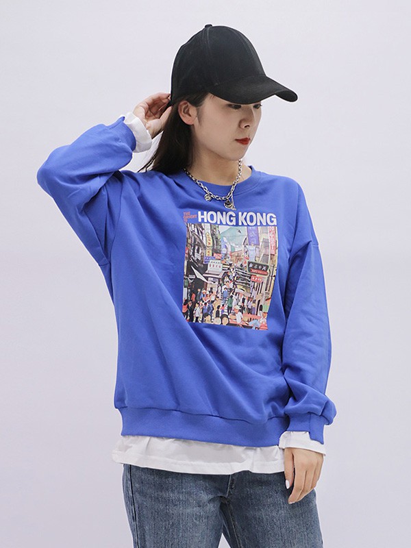 UZZU女装2020秋冬季蓝色印花上衣