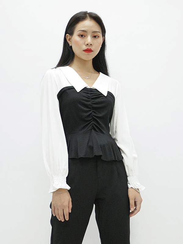 UZZU女装2020秋冬季黑色拼接上衣