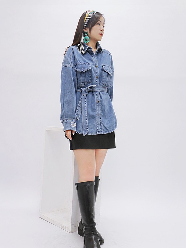 UZZU女装2020秋冬季蓝色收腰上衣