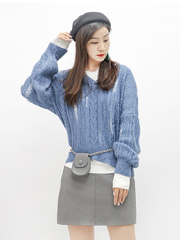 UZZU女装2020秋冬季蓝色镂空毛衣