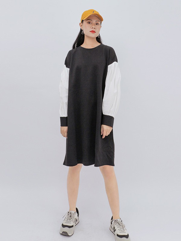 UZZU女装2020秋冬季黑色撞色连衣裙