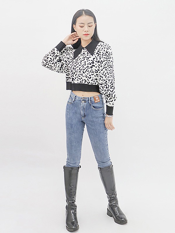 UZZU女装2020秋冬季黑色豹纹毛衣