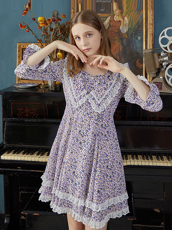 ins2020秋冬季紫色碎花连衣裙