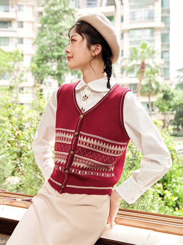 爱依服2020秋冬季红色撞色背心
