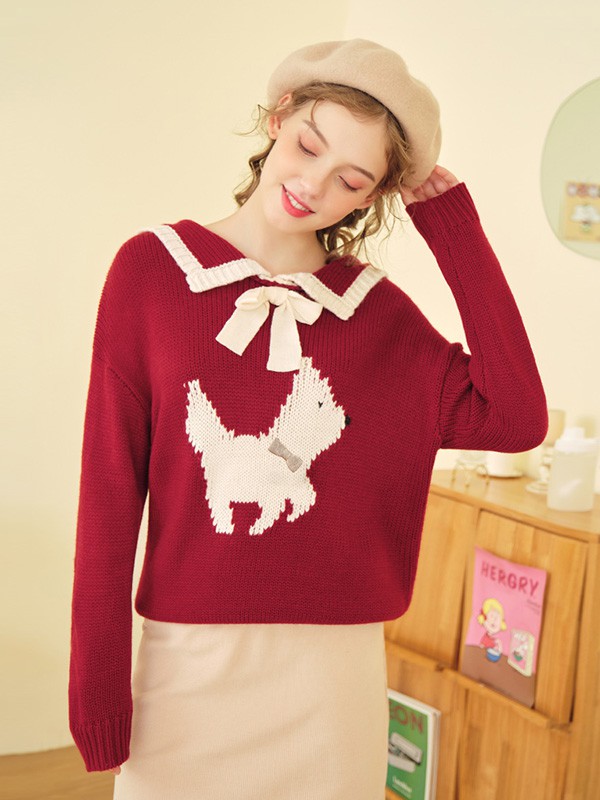 爱依服2020秋冬季红色图案毛衣