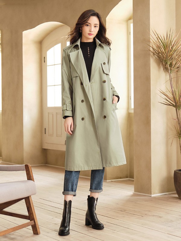 爱依服2020秋冬季绿色长款风衣