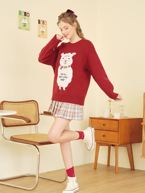 爱依服2020秋冬季红色图案毛衣