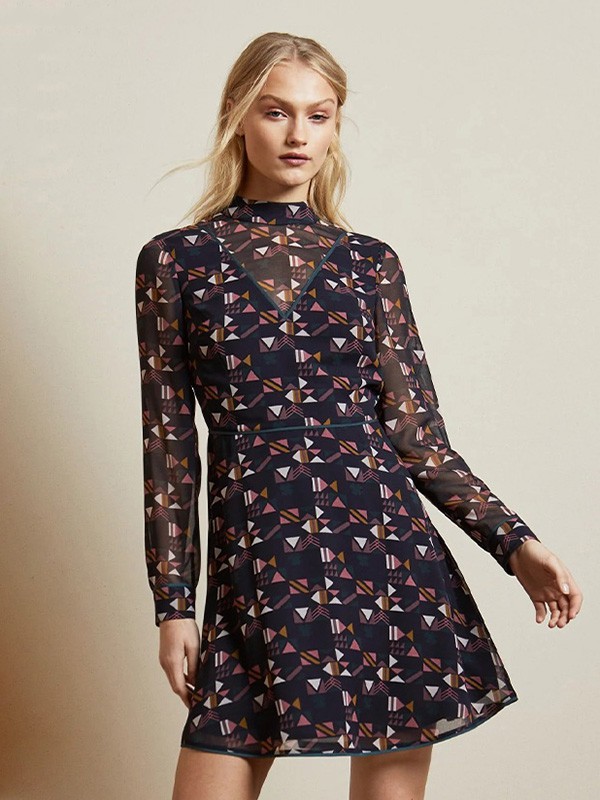 tedbaker休闲装2020秋冬季藏蓝色印花连衣裙