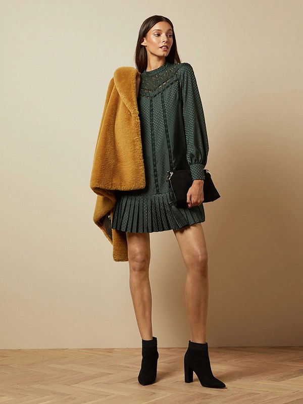 tedbaker休闲装2020秋冬季墨绿色宽松连衣裙