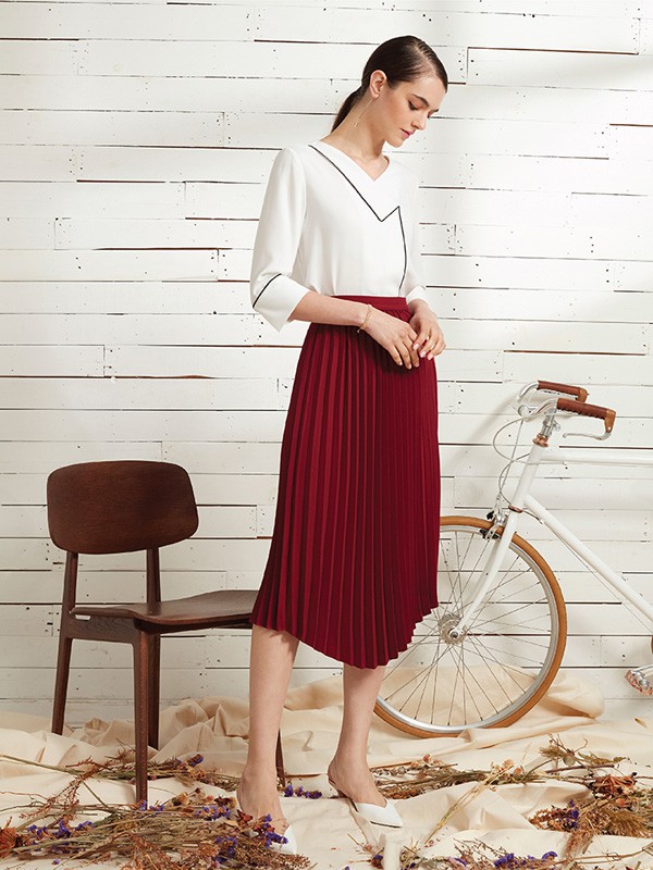 G2000休闲装2020秋冬季红色纯色百褶裙