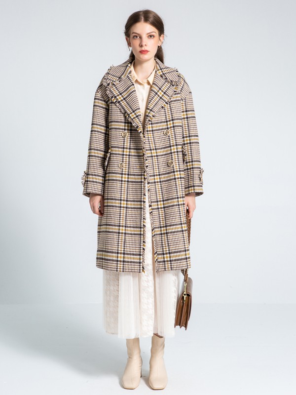 迪笛欧2020秋冬季杏色格子外套