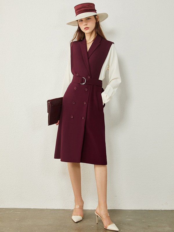 爱依莲2020秋冬季酒红色收腰套装