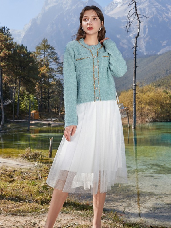 春美多2021春季蓝色纯色针织衫