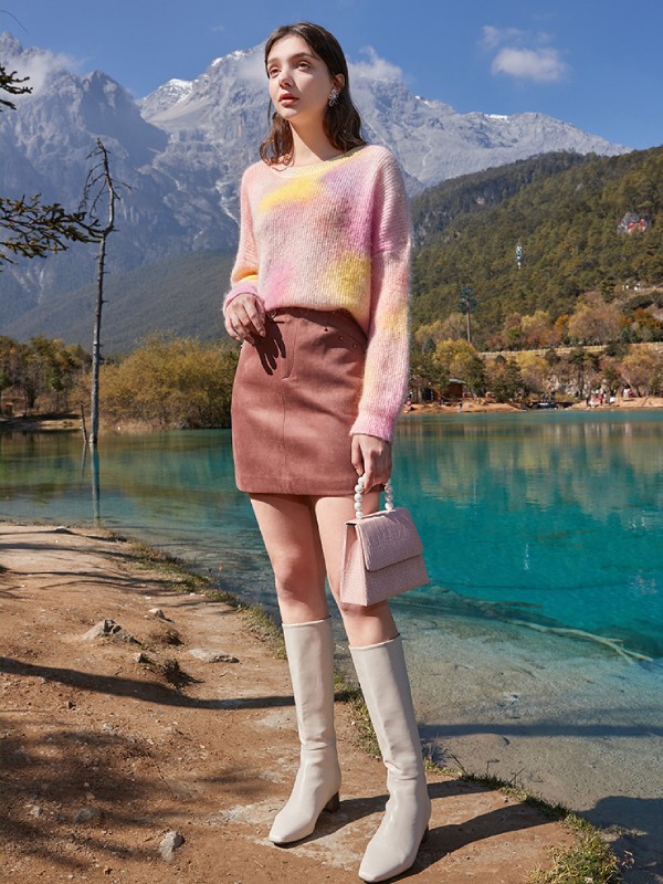 春美多2021春季粉色宽松针织衫