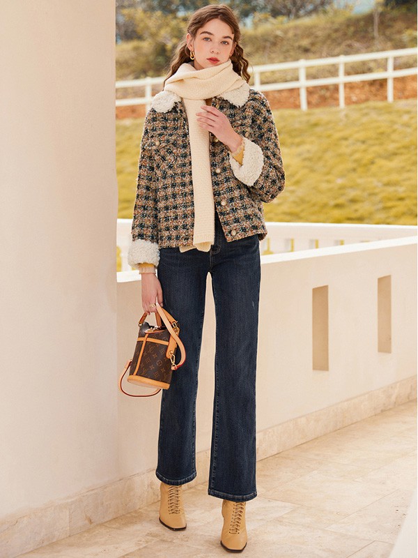 禹妃2021秋冬季黑色格子大衣