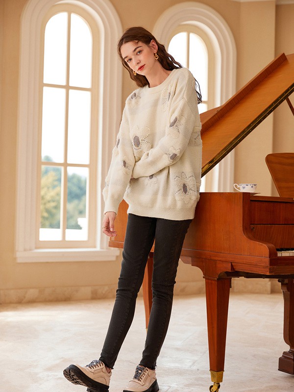 禹妃2021秋冬季白色印花毛衣