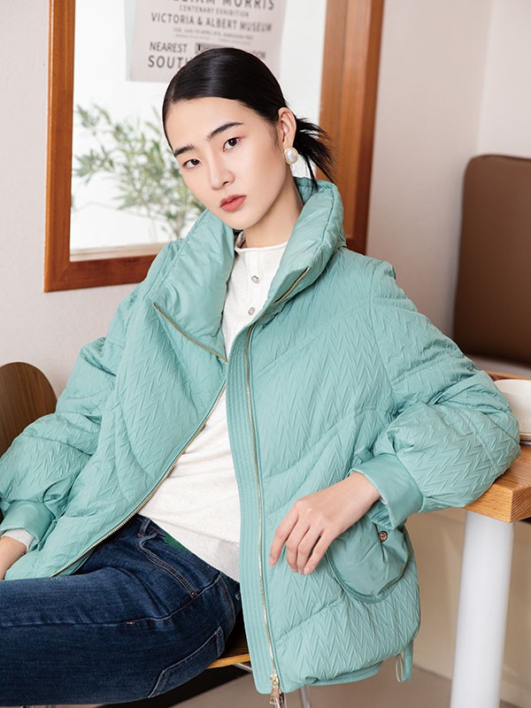 千百惠2021秋冬季绿色纯色棉服