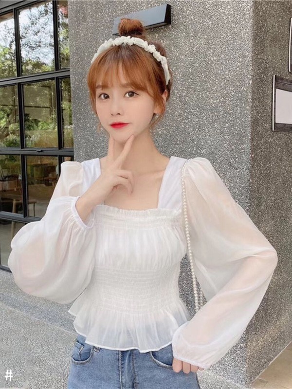 OMX女装2021秋冬季白色纱网雪纺衫