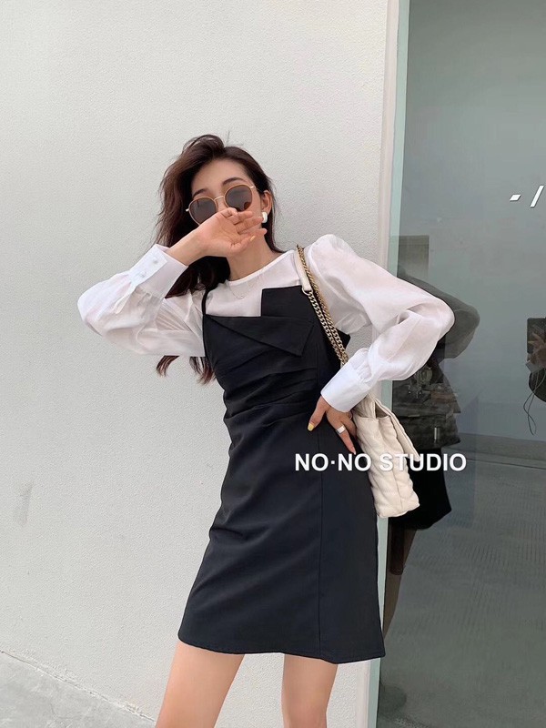 OMX女装2021秋冬季黑色不对称吊带裙