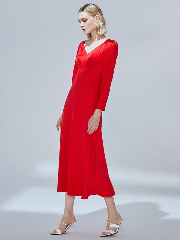 纬漫纪女装2021秋冬季红色长款连衣裙