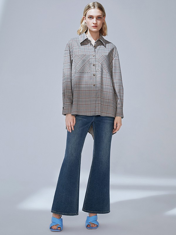 纬漫纪女装2021秋冬季藏蓝色长款喇叭裤