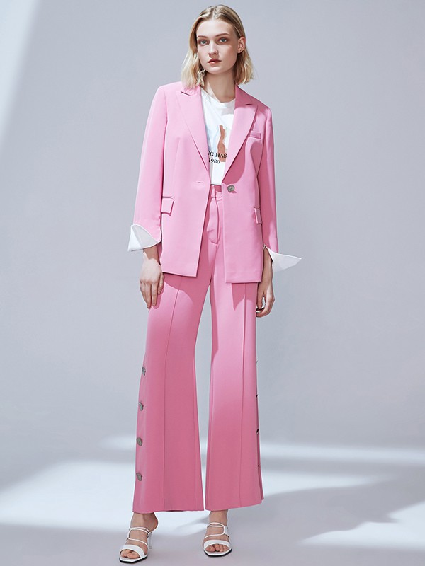 纬漫纪女装2021秋冬季粉色纯色阔腿裤