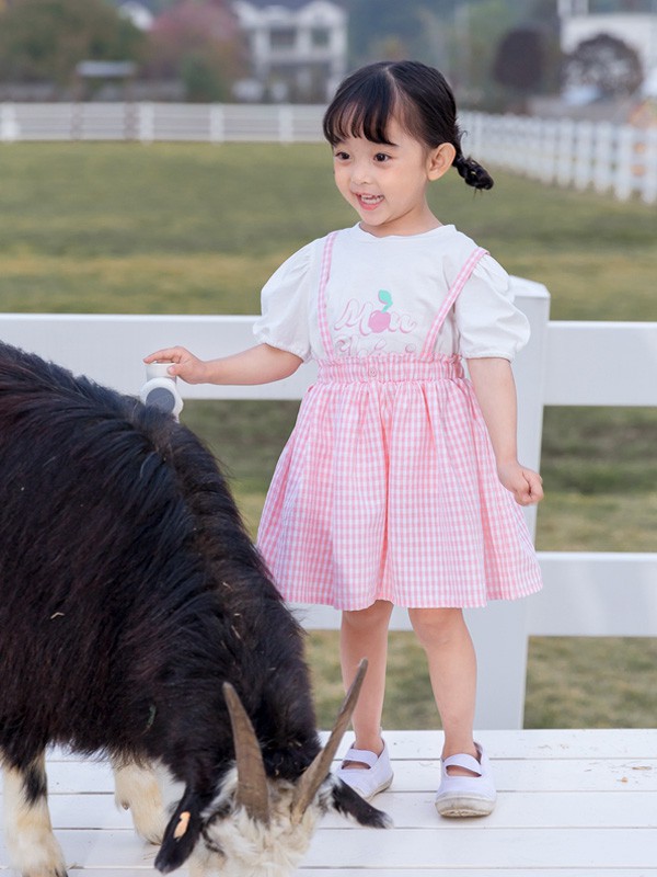 糖麦卡2021春夏季粉色格子背带裙