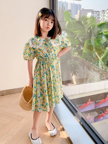 糖麦卡2021春夏季黄色碎花连衣裙