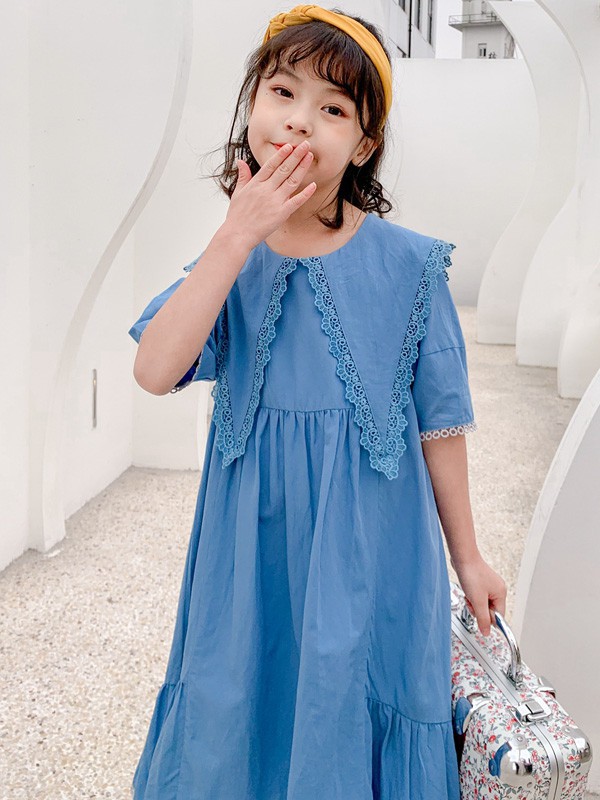 糖麦卡2021春夏季蓝色娃娃领连衣裙