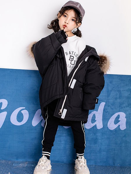 贝贝媞妮童装2021秋冬季黑色带毛领棉服