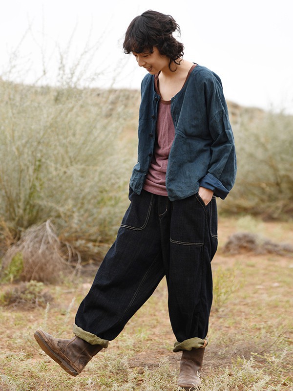 左岸迷香2021春夏季藏蓝色纯色阔腿裤