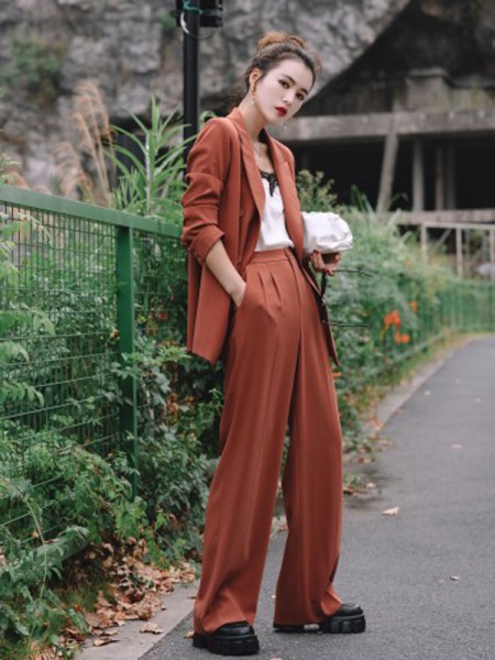 俪妍女装2021秋冬季橙色纯色阔腿裤