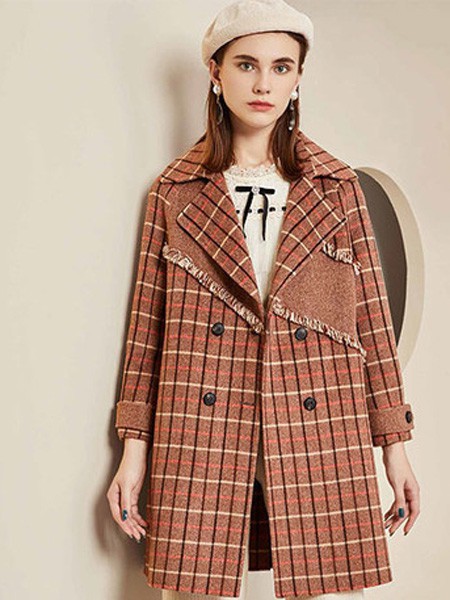 搭姿女装2021秋冬季棕色格子大衣