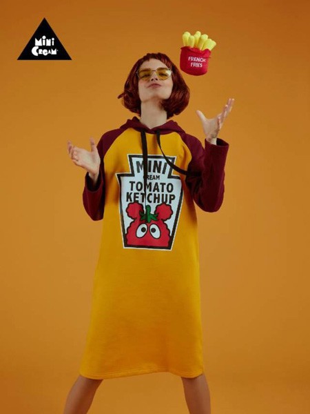 FIVECM2021秋冬季拼色印花连衣裙