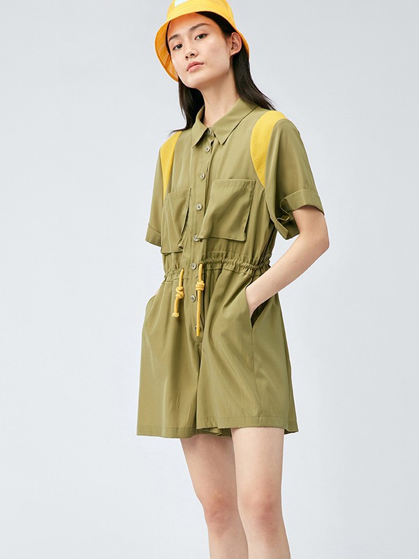 柏明2021春夏季军绿色收腰连体裤