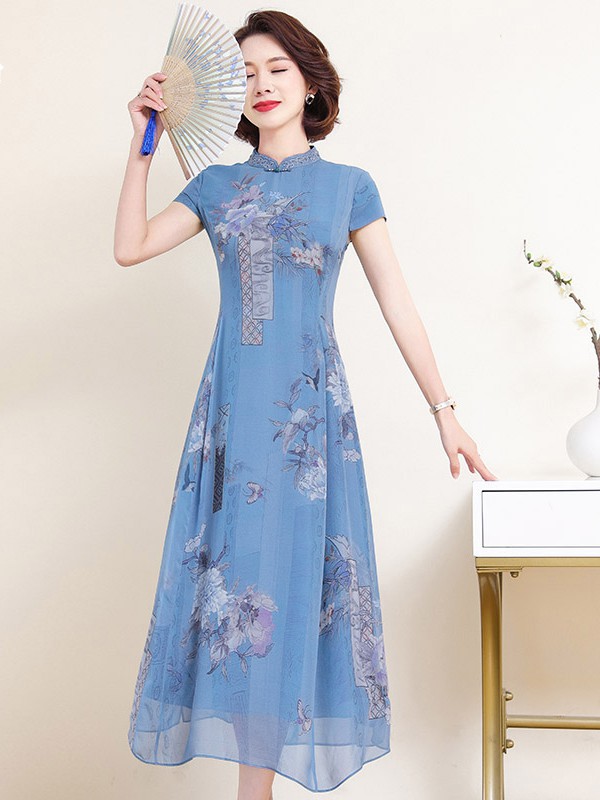 帛媛2021春夏季蓝色印花连衣裙
