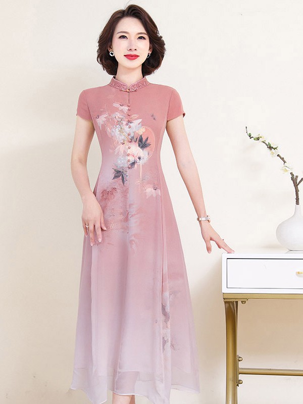 帛媛2021春夏季粉色印花连衣裙