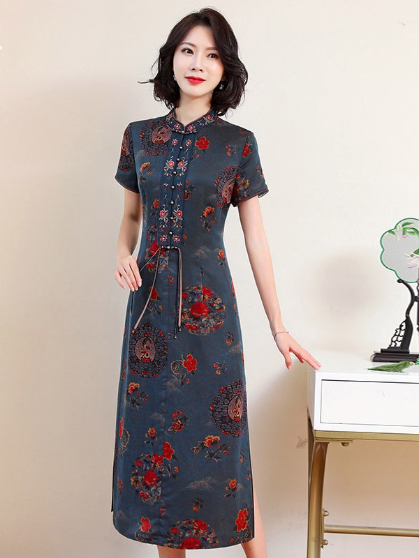 帛媛2021春夏季藏蓝色印花旗袍