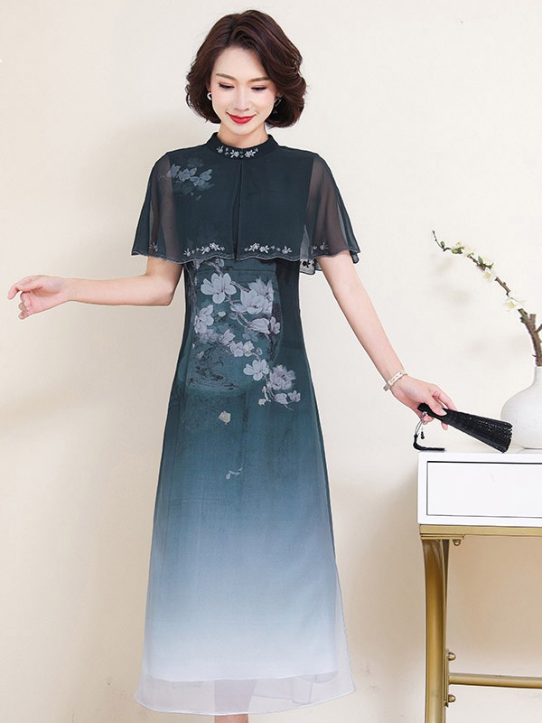 帛媛2021春夏季蓝色印花连衣裙