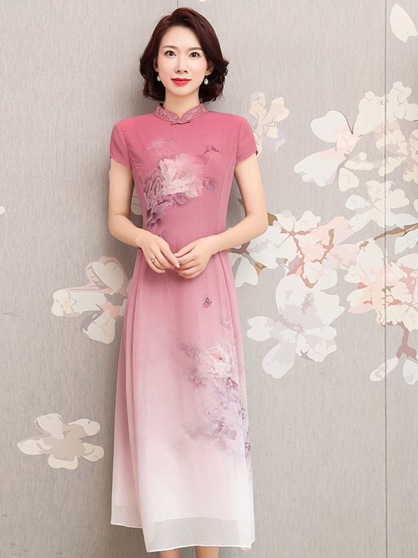 帛媛2021春夏季粉色印花连衣裙