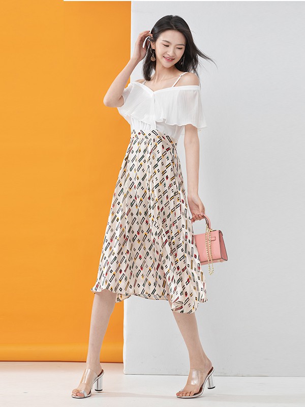 ​凝慧女装2021春夏季白色印花半身裙