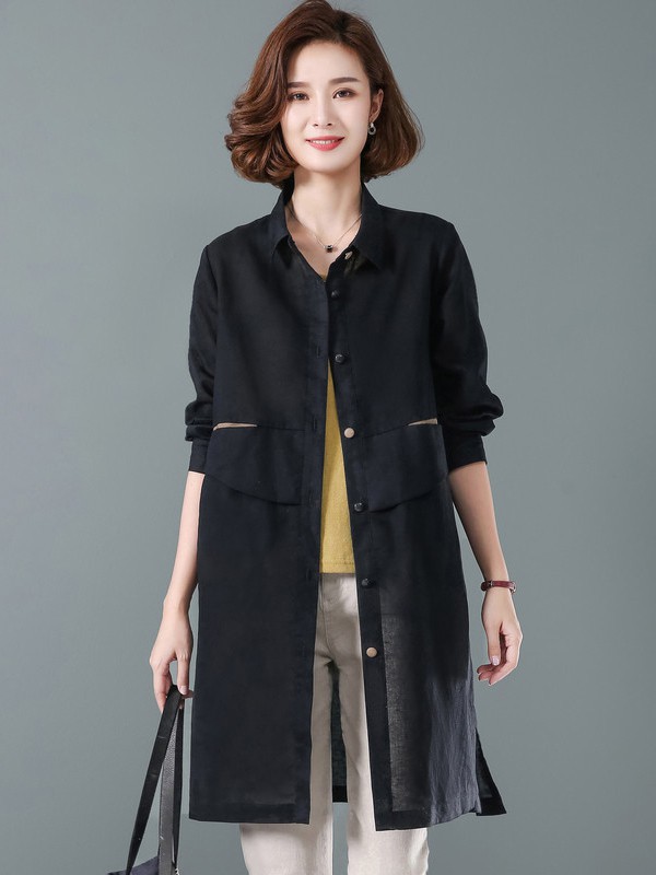 呈品2021秋冬季黑色纯色风衣