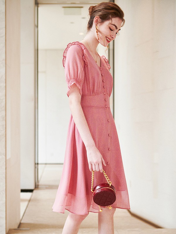 海尼女装2021春夏季粉色荷叶边连衣裙