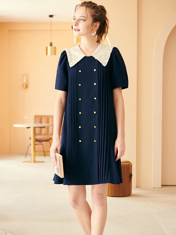 海尼2021春夏季黑色娃娃领连衣裙