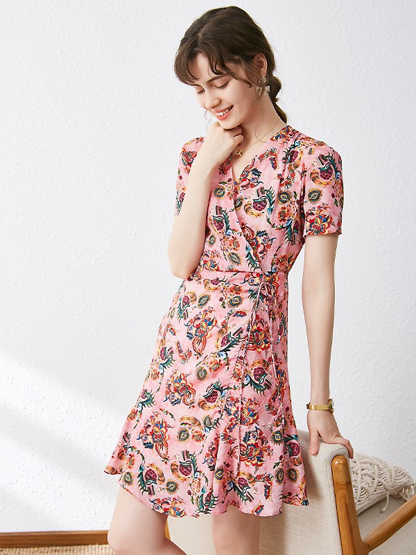 ​宾丽女装2021春夏季粉色印花连衣裙