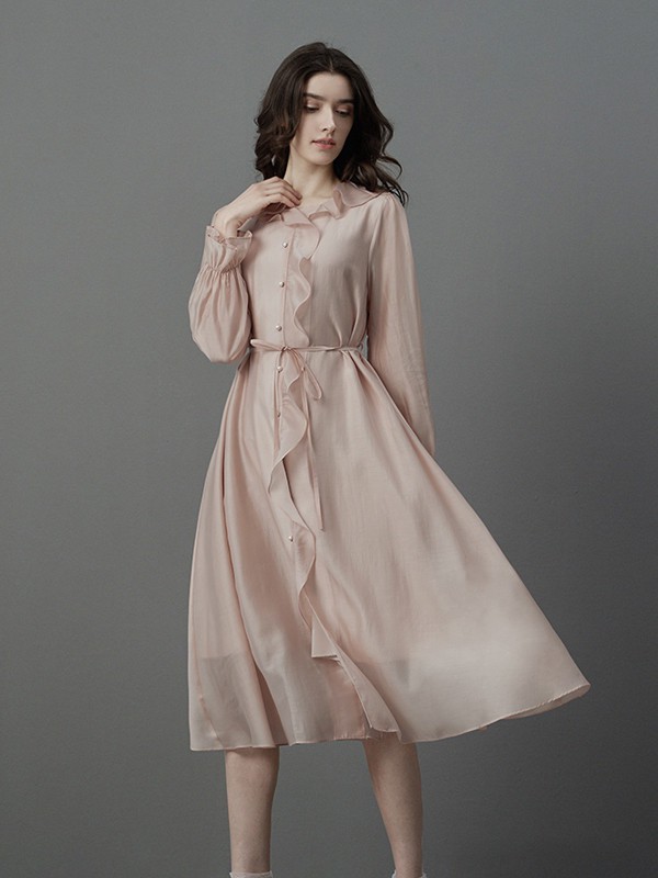 卡芮茜女装2021春夏季卡其色荷叶边连衣裙